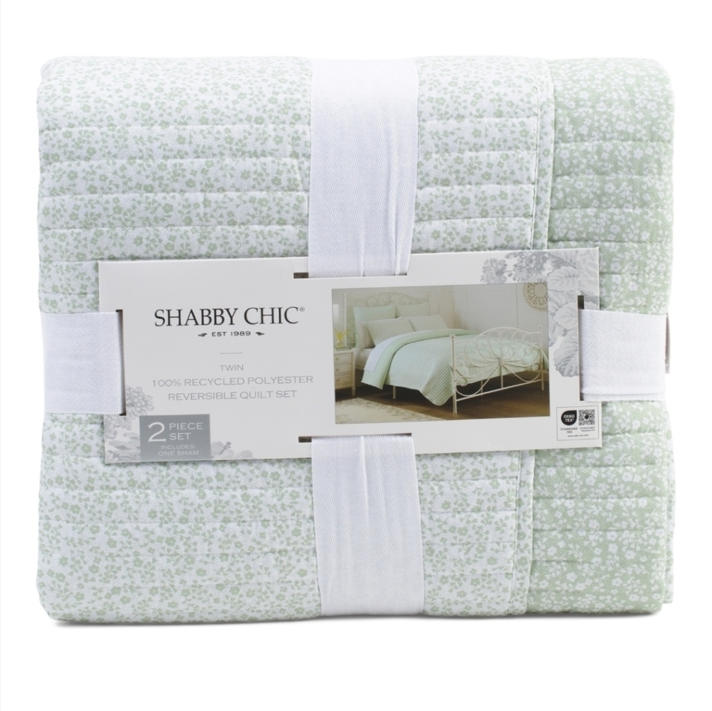 💚▪️Shabby Chic ▪️seafoam Green  Floral Reversible King size  Quilt Set